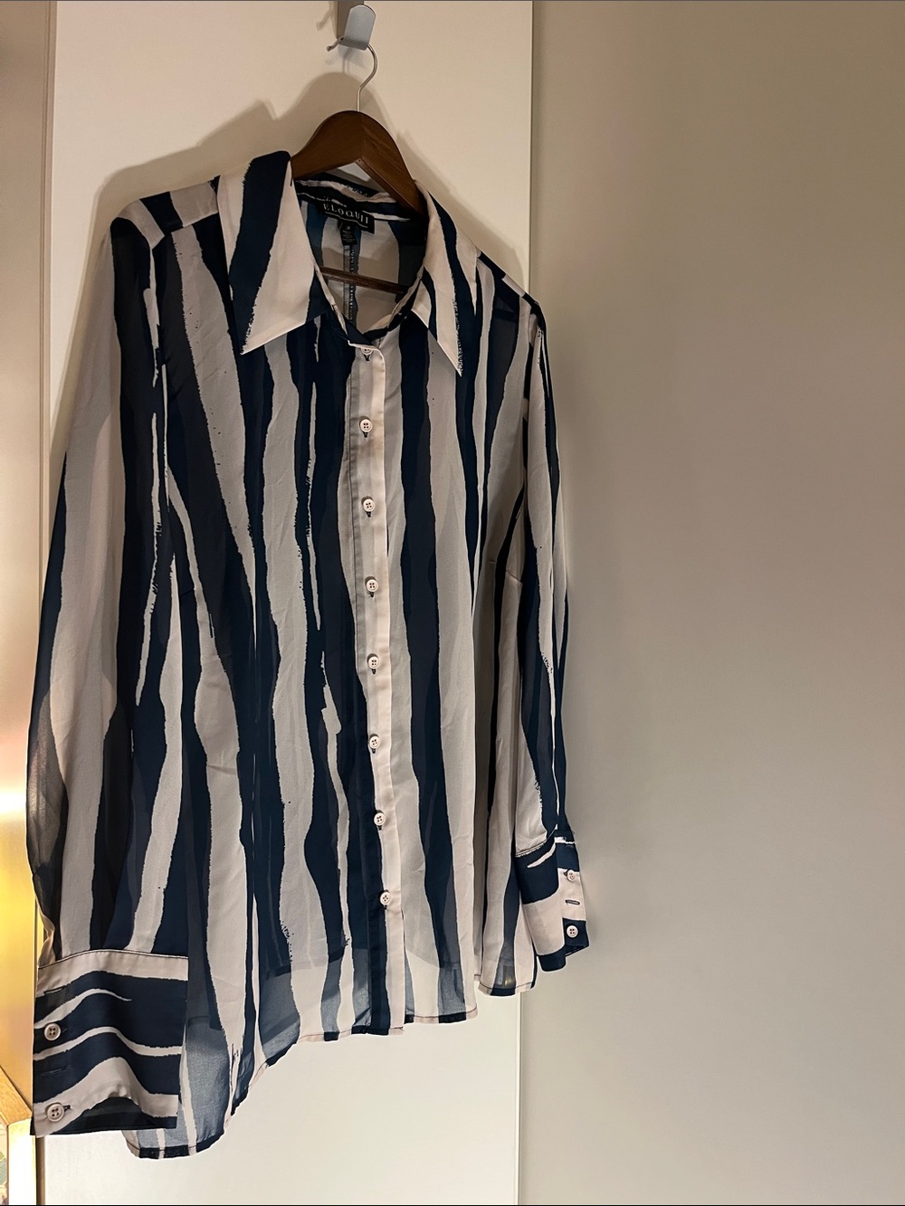 Eloquii Navy & White Vertical Stripe Sheer Button-Down Blouse